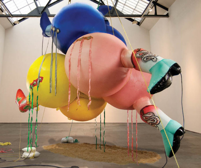 Dustup, 2012, Vinyl coated nylon, rope, leather, blowers, sawdust, sandbags