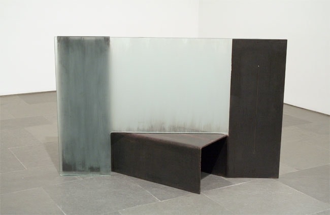 IS, WAS (CHANCING), 1975-76, Etched glass, steel and steel cable