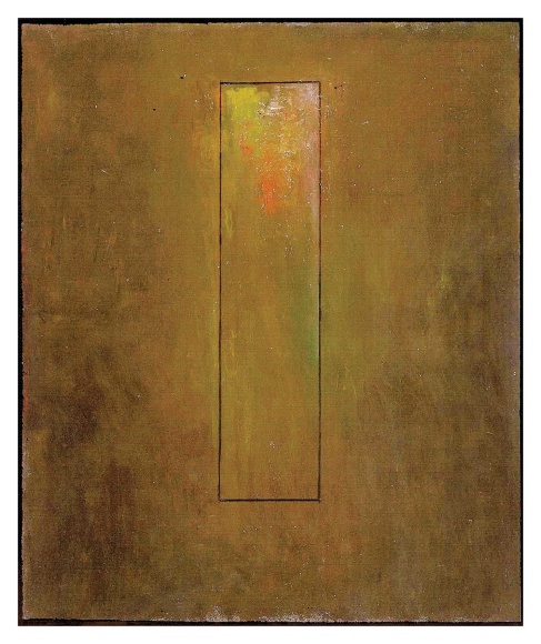 Vertical rectangle thinly outlined in black over yellow background