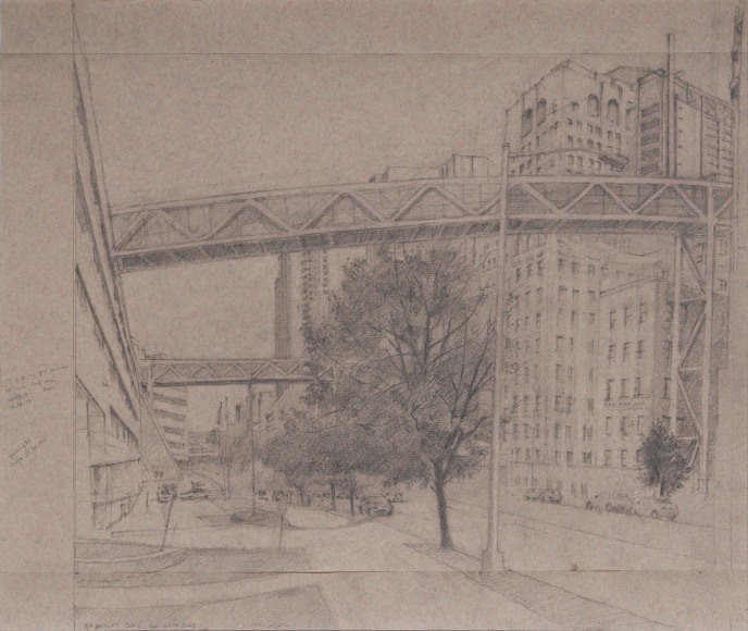 Sidewalks, street and pedestrian bridges crossing Riverside Drive in NYC