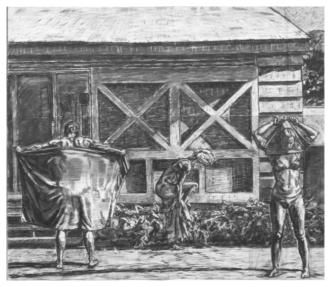 Three figures after a swim dying off with towels in front of a cabin like structure.