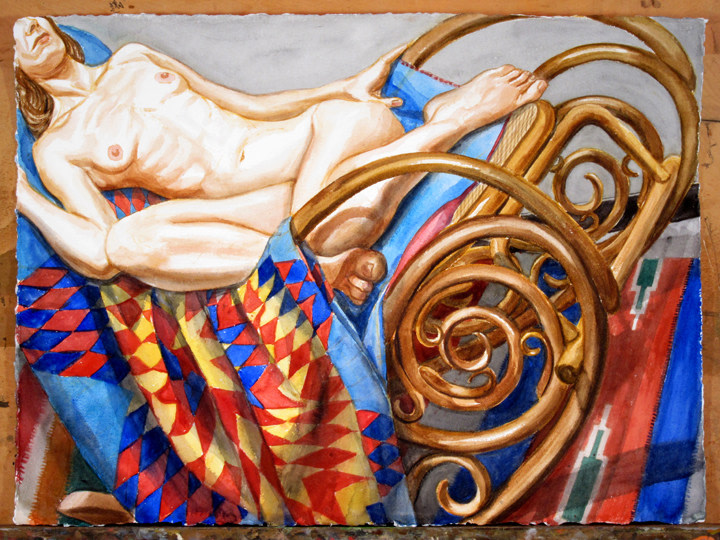 Model with Star Patterned Quilt on Rocker, 2011, Watercolor on paper