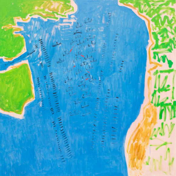 Overhead view of two shores, blue channel between them with ships lined up