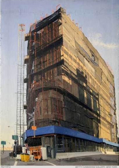 Ventilation Tower with scaffolding on street corner