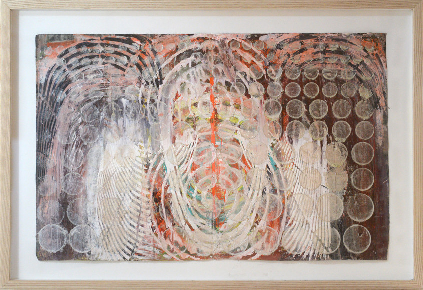 Judy Pfaff  Untitled, 2020  Oilstick and encaustic on vintage paper in silver leaf artist&rsquo;s frame  42.5 x 61.6 cm / 16 3/4 x 24 1/4 in