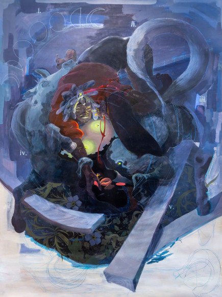 Autumn Wallace  You and the Horse You Rode in On, 2021  Acrylic, Oil, Pastel and Rhinestones on Canvas (hung with colored grommets)  183 x 152.5 cm / 72 x 60 in