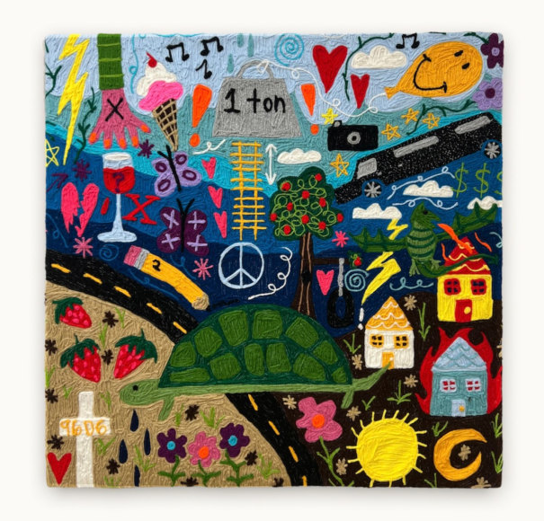 Kaylie Kaitschuck  Turtle Crossing, 2022  Yarn embroidery on felt stretched on wood  91.5 x 91.5 cm / 36 x 36 in