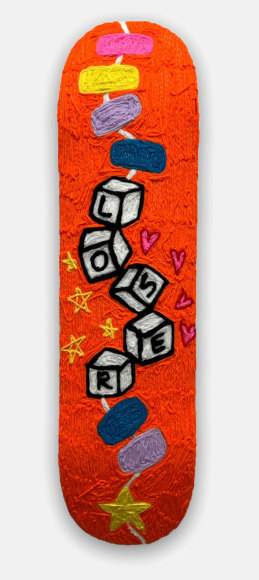 Kaylie Kaitschuck  Loser Deck, 2022  Yarn on Felt stretched over old skateboard deck  84 x 23 cm / 33 x 9 in