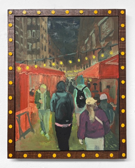 Masamitsu Shigeta  Walking trough restaurant, 2023  Oil on panel with wood and pin frame  39.5 x 32 cm | 15.5 x 12.5 in