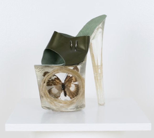 Manal Kara  Iphegenia II, 2018  Butterfly, horse hair, leather, body jewelry, polyester resin  20 x 8 x 18 cm | 8 × 3 × 7 in