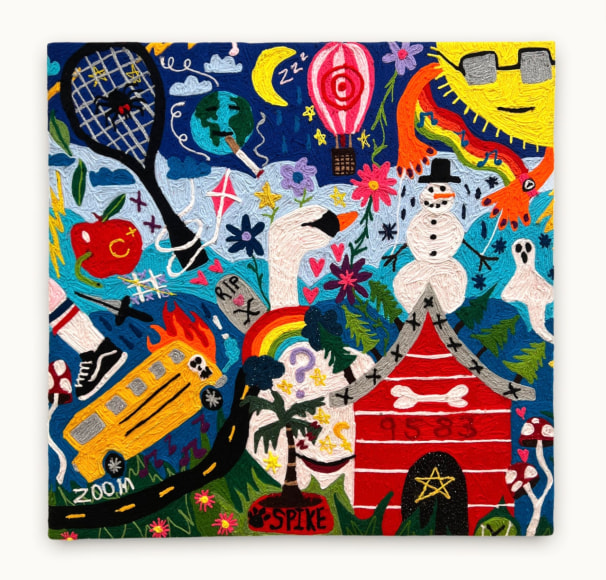 Kaylie Kaitschuck  All Dogs Go to Heaven, 2022  Yarn embroidery on felt stretched on wood  91.5 x 91.5 cm / 36 x 36 in