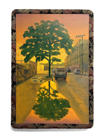 Masamitsu Shigeta  Tree and mirror, 2023  Oil on canvas with sofa frame  84 x 57 cm | 33 x 22.5 in