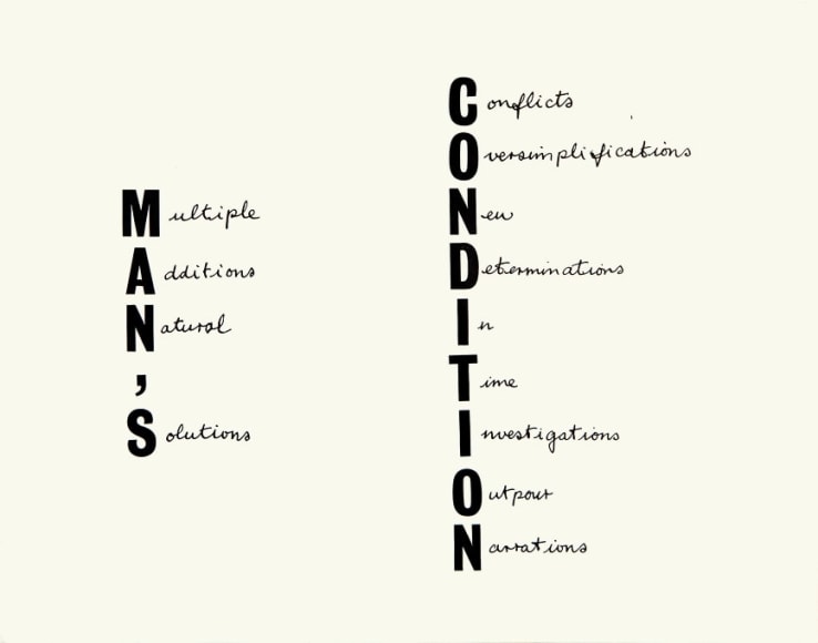 Peter Hutchinson  Man&rsquo;s Condition, 1976  27 parts 1 part (text) framed 32 x 40 cm / = Euro 150,- (C) 26 parts (photos) framed as 13 Diptychs each frame 105 x 80 cm / = Euro 260,- (C) packed in a specially made wooden crate for storage and transport, 130 x 97 x 67 cm
