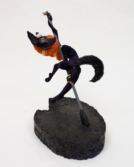 Autumn Wallace  Tar &amp; Feather (Mother, Snake and The Wholly Sweeper), 2021  Clay, acrylic paint, flocking, upcycled velvet, Swarovski crystals, rhinestones, gold leafing, assorted cabochons, and glass beads  46 x 38 x 24 cm / 18 x 15 x 9 1/2 in