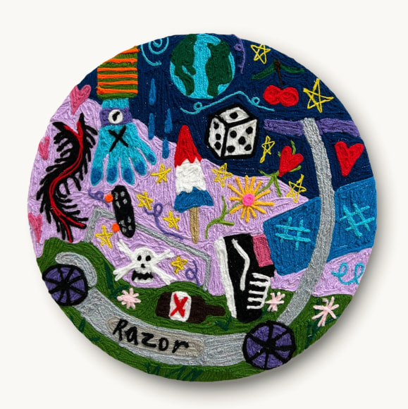 Kaylie Kaitschuck  Scooter Kid, 2022  Yarn embroidery on felt stretched on wood  Diameter: 51 cm / 20 in