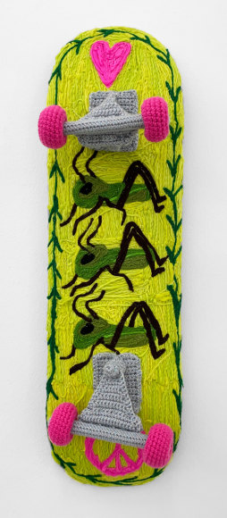 Kaylie Kaitschuck  Cricket Board, 2022  Yarn on Felt stretched over old skateboard deck  84 x 23 cm / 33 x 9 in