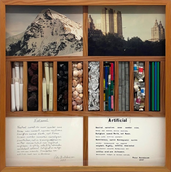 Peter Hutchinson, Natural / Artificial, 1997, Photographs, various objects, and ink on paper, 61 x 61 x 8 cm