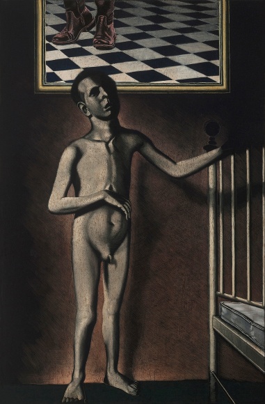 Stotik - red shoes, checked floor, nude boy