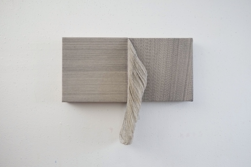 Ko Kirk Yamahira (Born: 1976, Los Angeles, CA)  Untitled RL035 (small double square, black and white), 2020  ink, graphite, partially unwoven canvas, wood