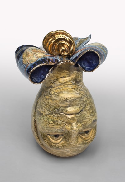 Connie Kiener (b. 1945)  Archaeology, 2020  maiolica cermaic with China paint, gold and enamel