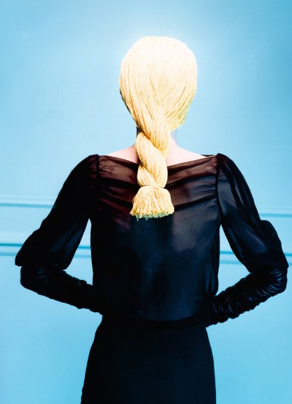 Sophie Delaporte, Early Fashion Work, Model in wig of yellow yarn, Sous Les Etoiles Gallery