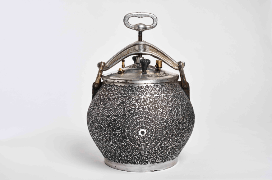 Shiva Ahmadi, Pressure Cooker 5, 2016, Hand-etching (intaglio) on metal pressure cooker from Afghanistan, 17 x 12 x 12 in