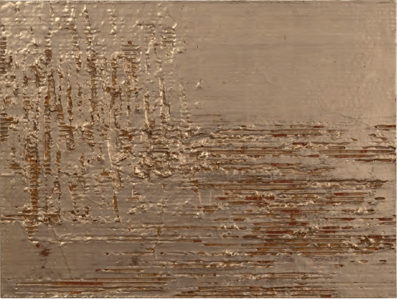 Moon Gold Cardboard I, 2013, Moon gold leaf, clay, gesso, cardboard, on wood panel