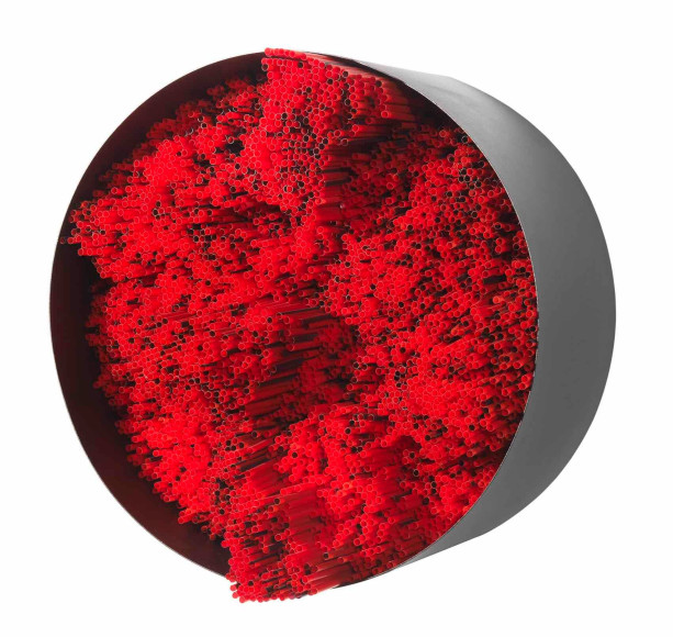 Red Straws, 2015, Red and transparent plastic drinking straws on wooden panel and metallic frame