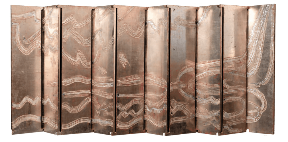 Silver Cloud and Gold Dragon Screen, 2012, Silver leaf, mother of pearl inlay, on ten wood panels