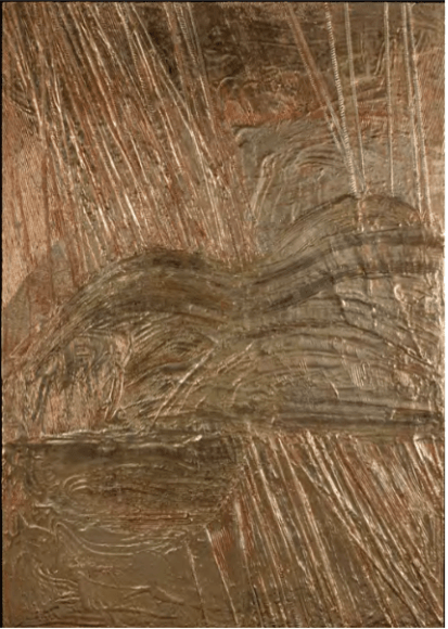 Moon Gold Mountain with Resin, 2018, Moon gold leaf, clay, cardboard, on wood panel