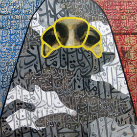 Le Croissant, 2010, Ink, acrylic, charcoal, pen on Arabic newspaper on canvas