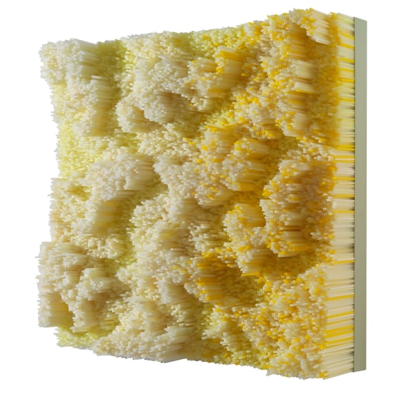 Francesca Pasquali, Light Yellow Straws, 2015, Transparent and light yellow plastic drinking straws on wooden panel and metallic frame, 39 x 43 x 10 in 