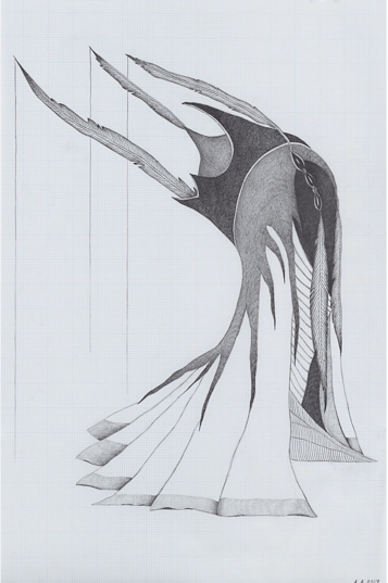 Afruz Amighi, Headdress for the Beheaded (drawing), 2017 24&quot;h x 16&rdquo;w (61 x 41 cm),&nbsp;Graphite on graph paper&nbsp;