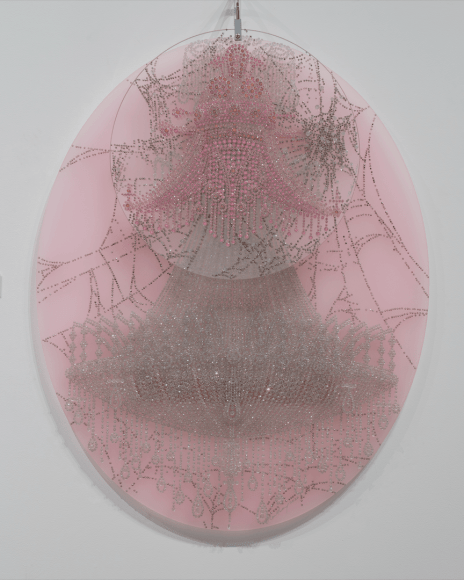 The Secret Sublime P1, 2022 Crystals, beads, pins on plexiglass 150 x 120 cm