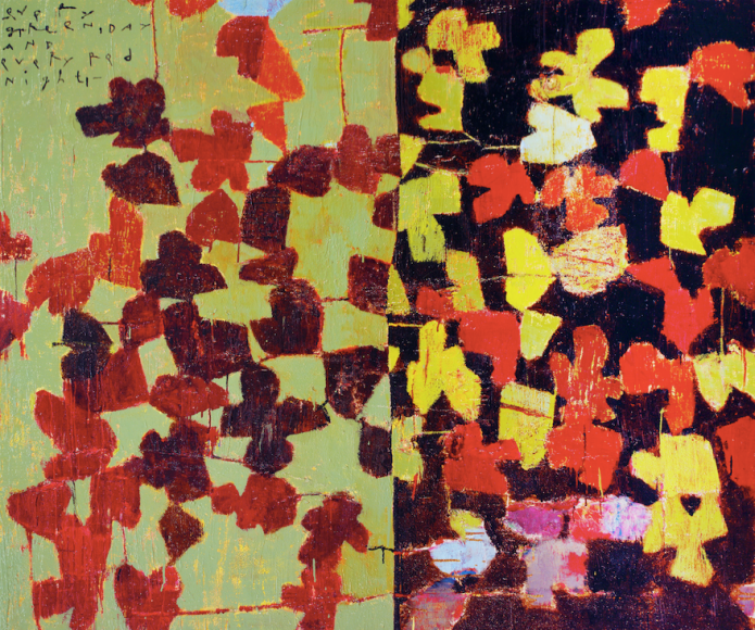 Every&nbsp;Green&nbsp;Day&nbsp;and&nbsp;Every&nbsp;Red&nbsp;Night,&nbsp;Oil and tar on canvas,&nbsp;152 X 183 cm.