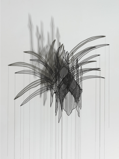 Afruz Amighi, Warrior&#039;s Headdress, 2017,&nbsp;38&quot;h x 44&quot;w x 14&rdquo;d (97 x 112 x 36 cm) Steel, fiberglass mesh, chain, light&nbsp;