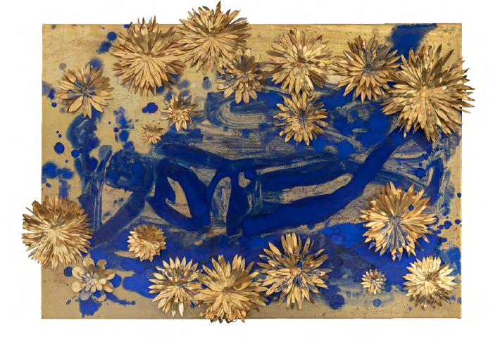 Reclining Buddha with Flowers, 2010, Gold leaf, gilt copper, pigment, on wood panel