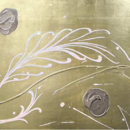 Botanical Study for Chanel, 2012, White gold leaf, moon gold leaf, mother of pearl inlay, gesso, on wood panel