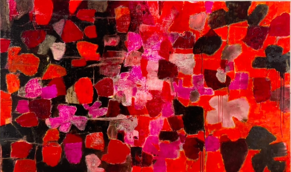 RED TWILIGHT, Oil, Enamel, Tar, and Glaze on Canvas