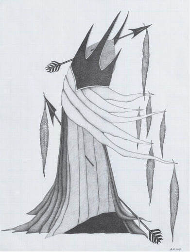 Afruz Amighi, Fool&#039;s Headdress (drawing), 2017 24&quot;h x 18&rdquo;w (61 x 46 cm) Graphite on graph paper&nbsp;