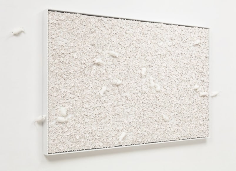 White Narcissus Panel with Mice, 2014, Linen, acrylic, porcelain, nylon, and waxed cotton in artist&#039;s frame