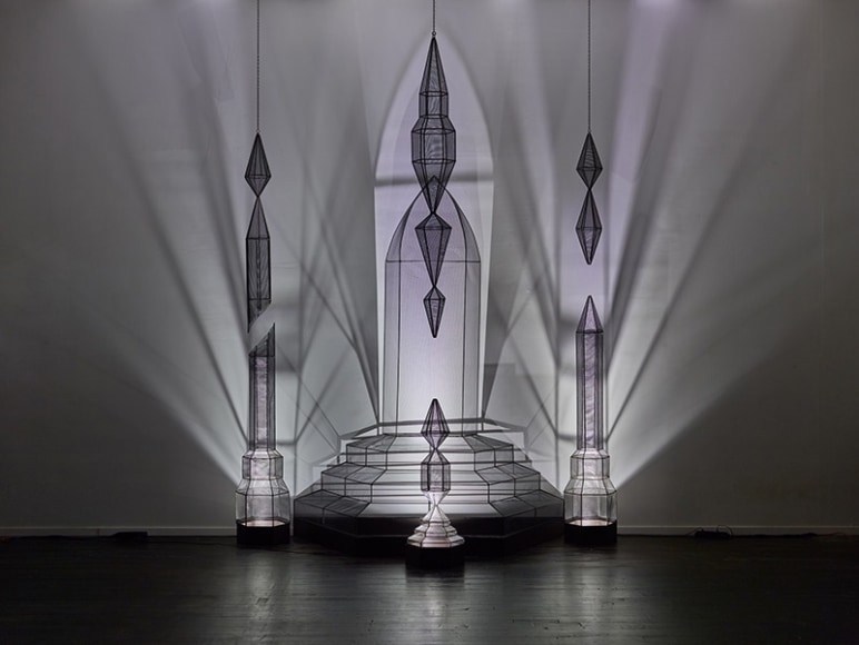 Nameless, 2014, Steel, wenge, fiberglass mesh, chain, ultra-suede, invisible thread