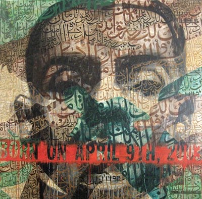 Born on April 9th, 2009, Ink, acrylic, charcoal, pen on Arabic newspaper on canvas