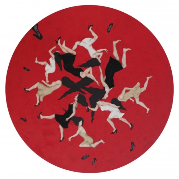 Big Red Circle 2, 2012, Acrylic based mixed media and embroidery with sequins on canvas