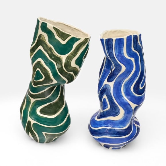 Leyla Khosrowshahi, Whimiscal Vase 01 (Green), Whimisical Vase 02 (Blue), 2025