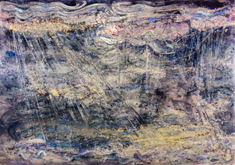 Sliver Sea and Sky, 2017, Silver leaf, mother of pearl inlay, lacquer on wood panel