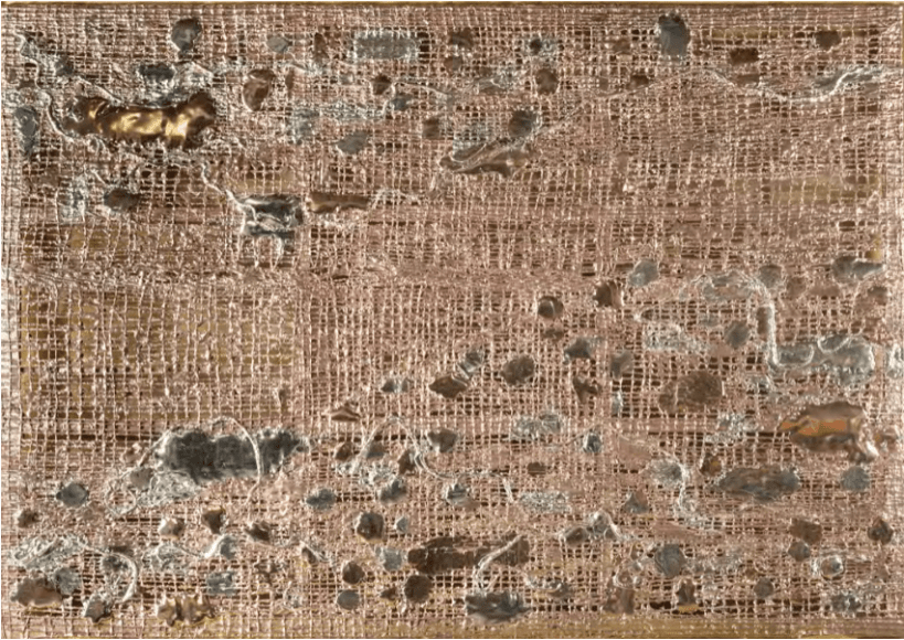 Above and Below, 2018, Palladium leaf, moon gold leaf, white gold leaf, clay on jute