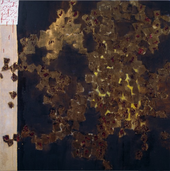 They&nbsp;Drink&nbsp;Secretely, 2018,&nbsp;Tar&nbsp;oil and gold paste on layered canvas,&nbsp;178 x178 cm.&nbsp;