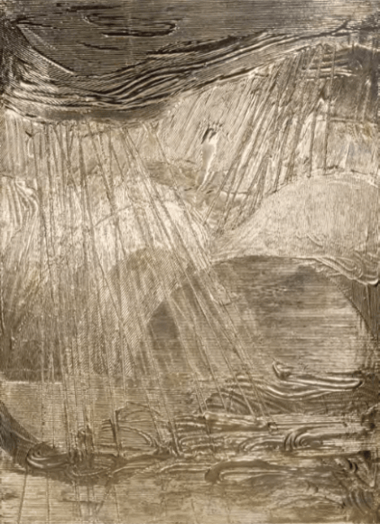 Moon Gold Mountain, 2018, Moon gold leaf, clay, cardboard on wood panel