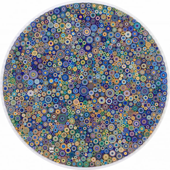 White, Turquoise, Green, Gold, Yellow &amp;amp; Blue (6 colors),&nbsp;2012, Ink, acrylic and paper with printed and hand-written Farsi text &quot;Esheghe&quot; (Love)